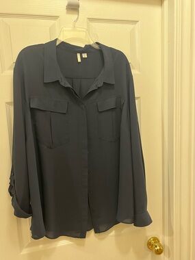 Cato Brand - Size: 26/28. Chiffon Button-Front Blouse in Deep Navy